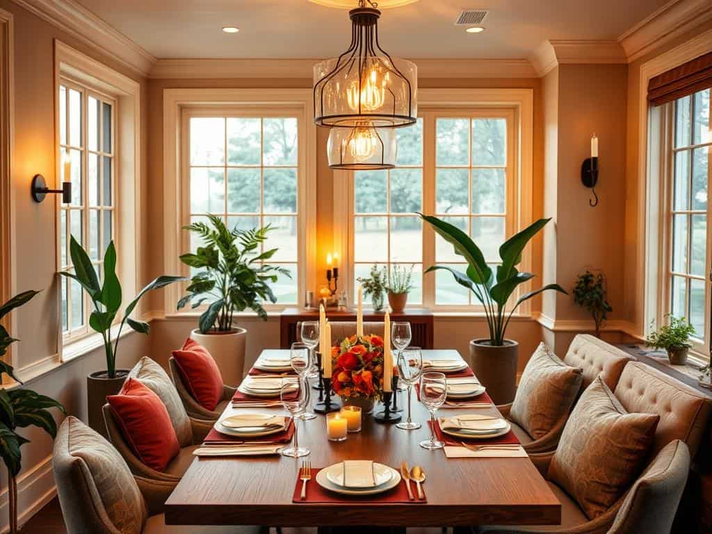 layered lighting in a cozy dining room